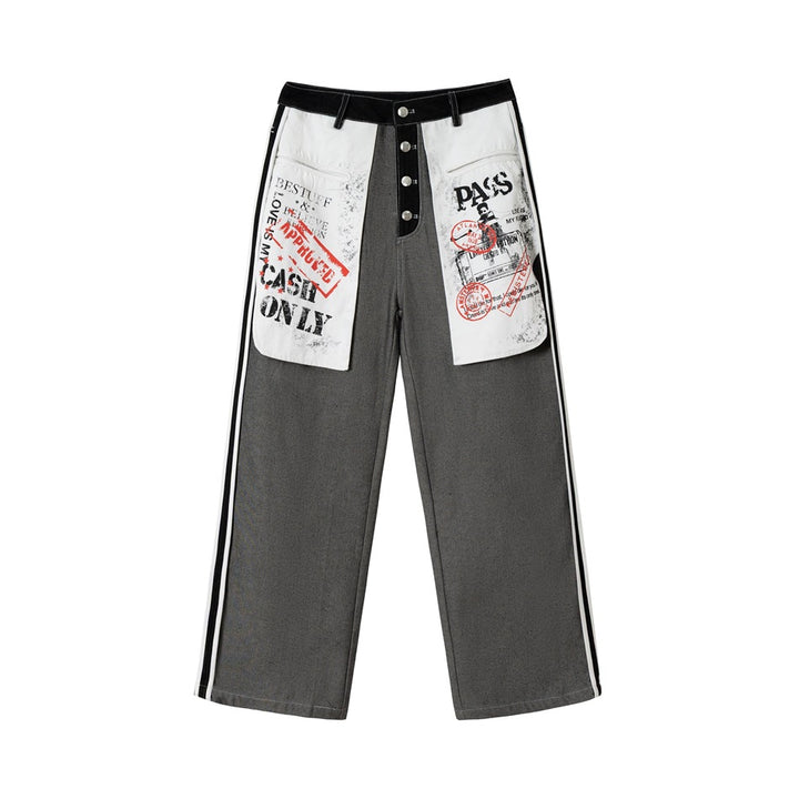 Women's Wide-Leg Cargo Jeans with Applied Graphic Patches and Contrast Stripes Mune Fashion