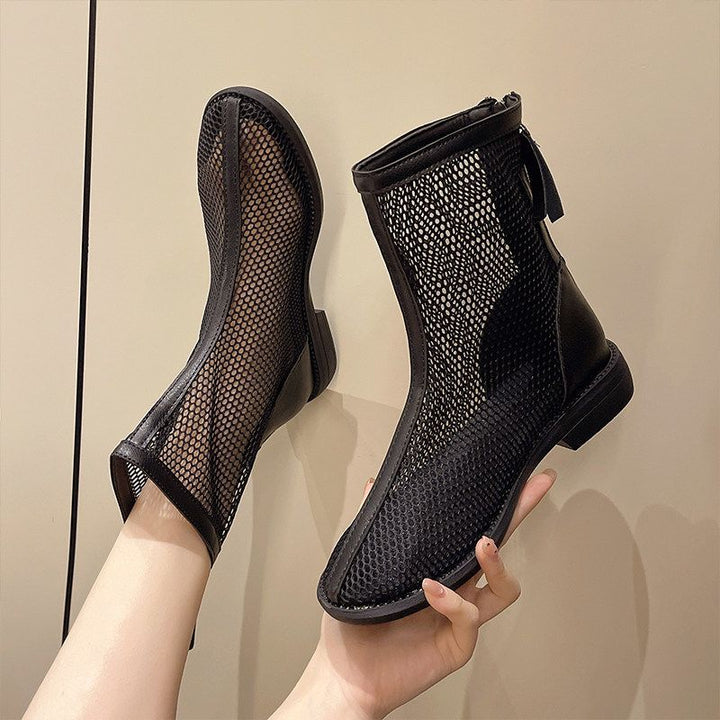 Damen Durchsichtige Netz‑Mesh Ankle‑Boots mit Reißverschluss und Lederbesatz Mune Fashion