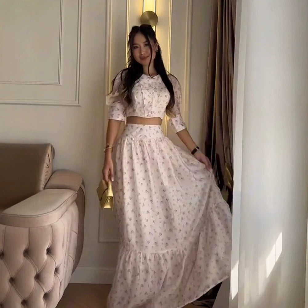 Women's Two-Piece Chiffon Set with Cropped Puff Blouse and Tiered Maxi Skirt Mune Fashion