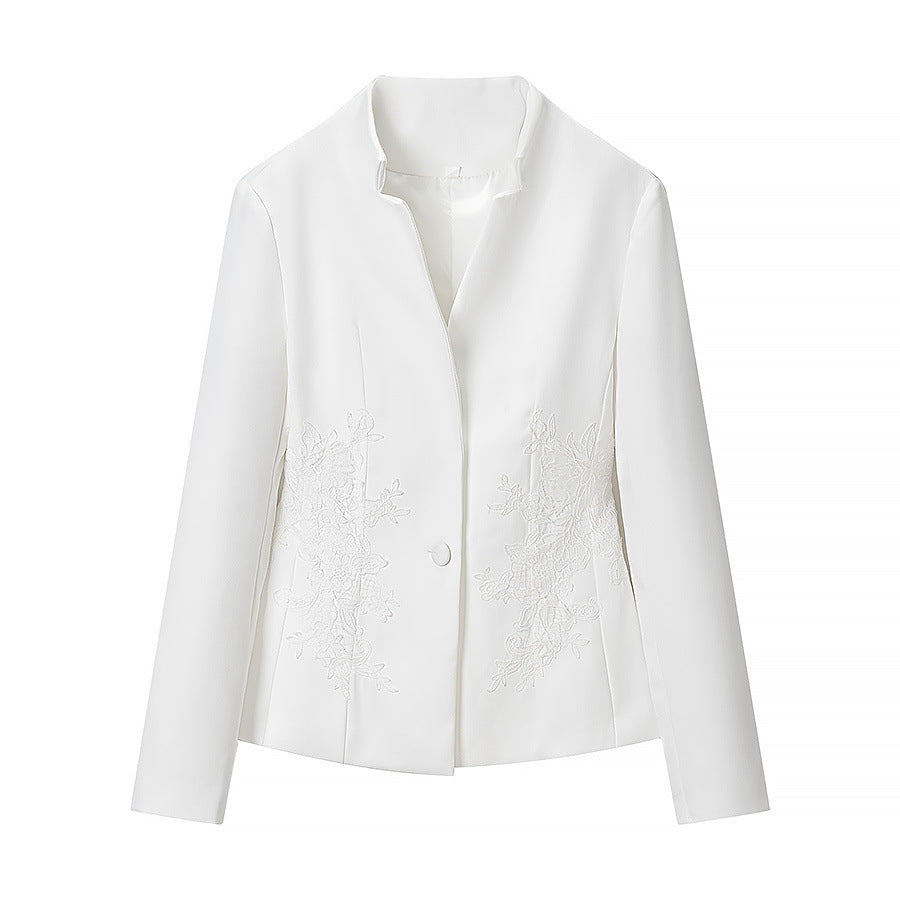 Women's Tailored Short Jacket with Stand Collar and Floral Embroidery Mune Fashion