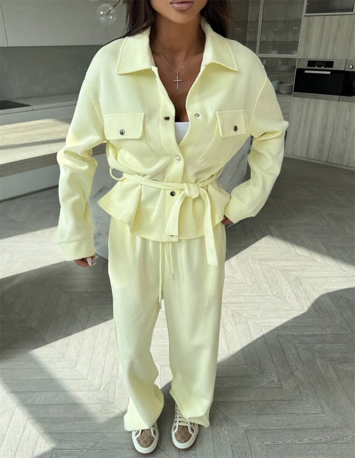 Women Two-Piece Loungewear Set with Fitted Blouson, Tied Belt and Wide Palazzo Pants Mune Fashion