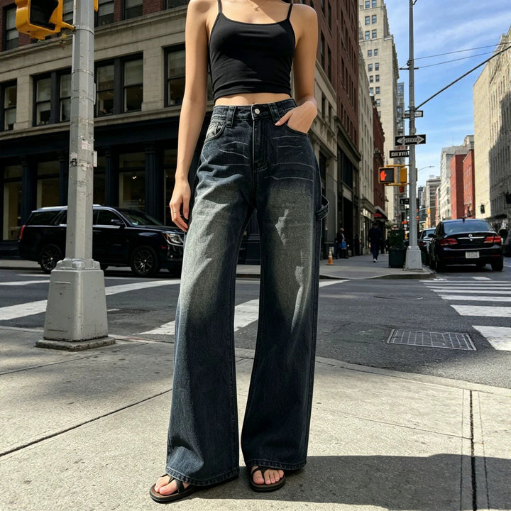 Ladies high-waist carpenter denim pants with utility side pocket and flared leg Mune Fashion