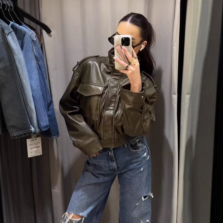 Women's 10+ short faux leather bomber jacket in military look with flap pockets and stand-up collar Mune Fashion