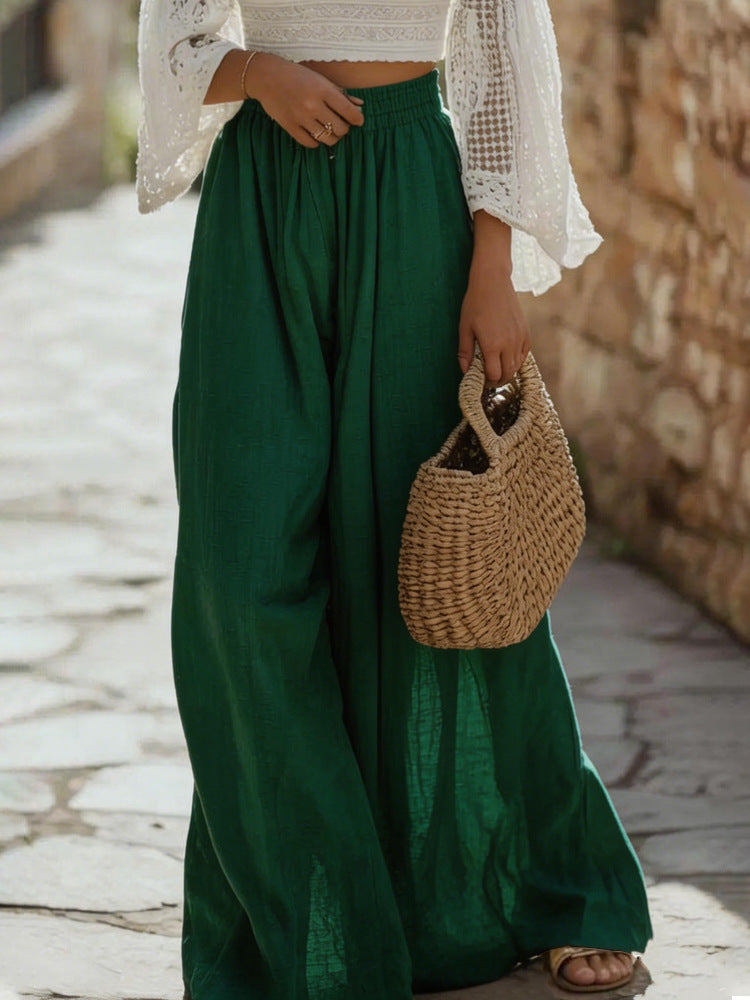 Ladies Lightweight Linen Pants with Wide Leg and Elastic Waistband Mune Fashion