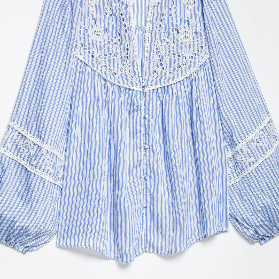 Ladies Striped Blouse with Crochet Lace, Balloon Sleeves and Button Placket Mune Fashion