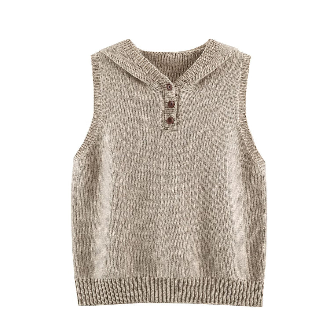 Women's fine knit vest with hood, button placket, and ribbed waistband Mune Fashion