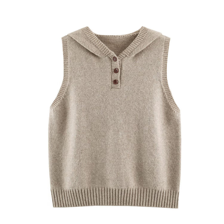 Women's fine knit vest with hood, button placket, and ribbed waistband Mune Fashion