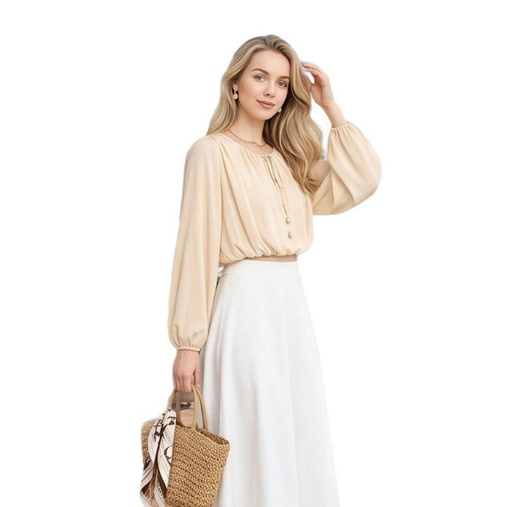 Women Elegant Chiffon Blouse with Drawstring Hem, Balloon Sleeves & Pearl Button Detail Mune Fashion