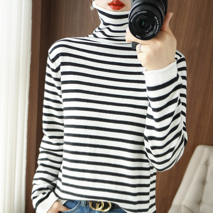 Ladies Maritime Fine Knit Turtleneck with Fine Stripe Pattern and Slim Fit Mune Fashion