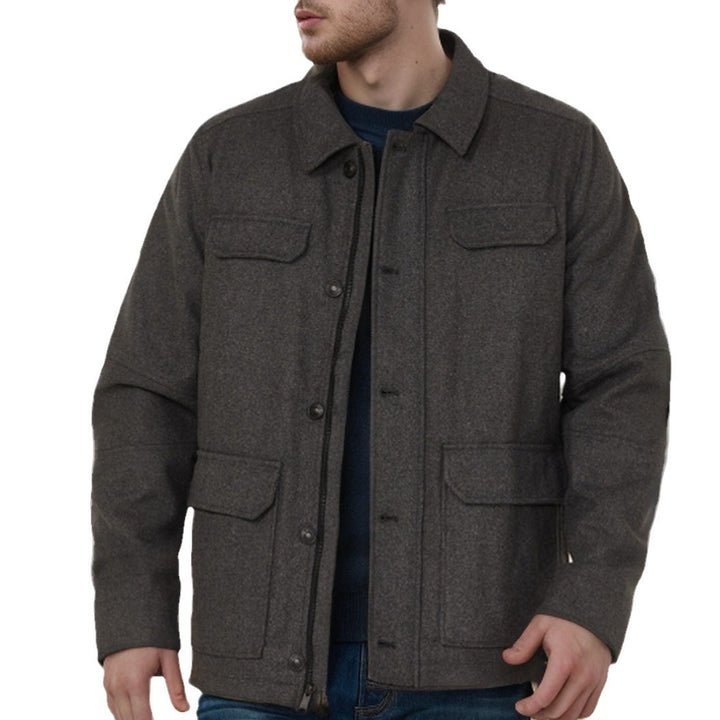 Men's Wool Field Jacket with Four Flap Pockets and Shirt Collar Mune Fashion