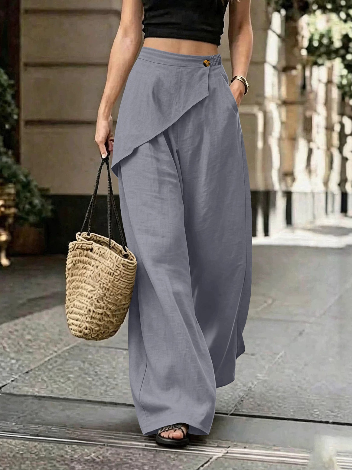 Ladies Light Linen Trousers with Wrap Front and Wide Leg Mune Fashion