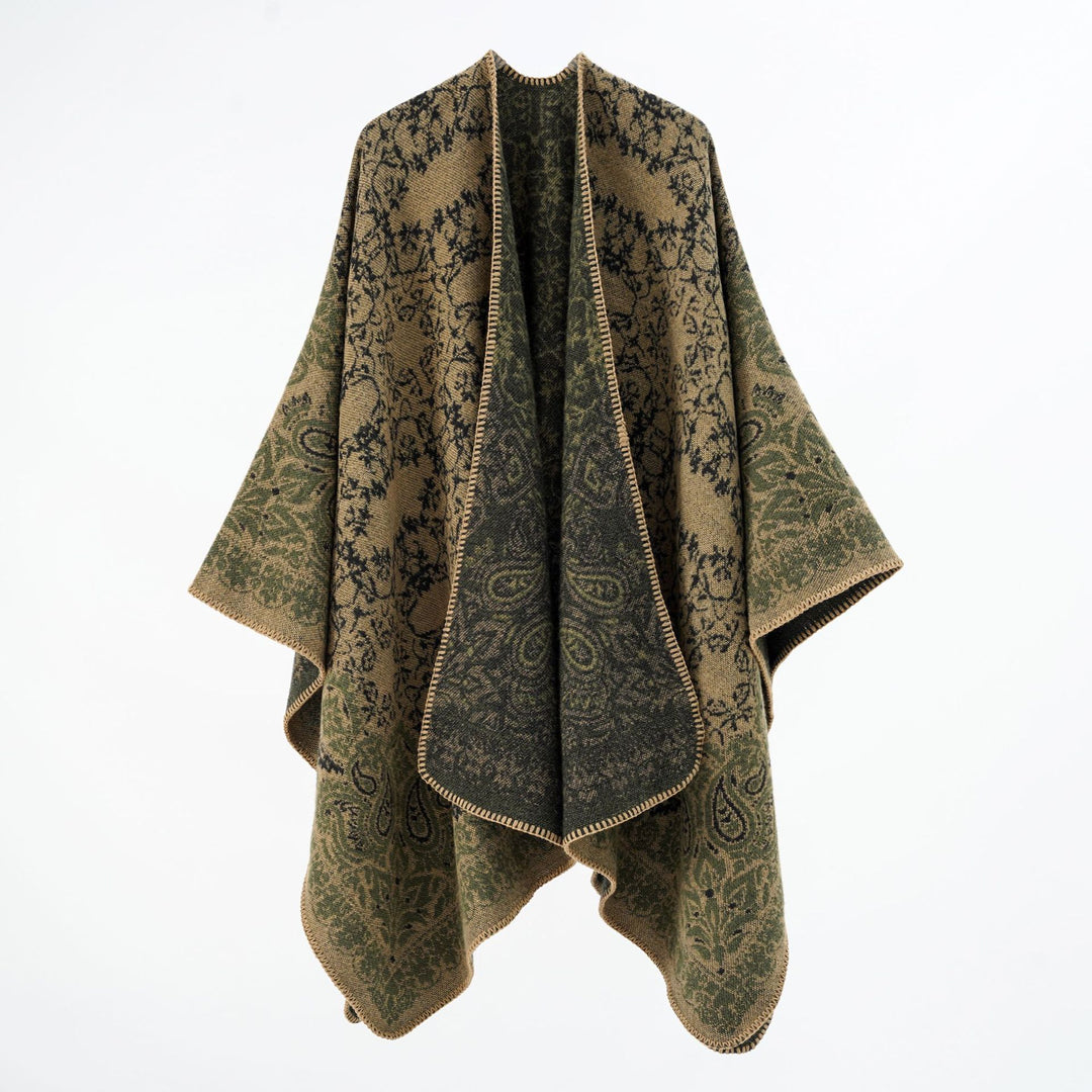 Women's overlay poncho in double-face jacquard with paisley inspiration and decorative stitch edge Mune Fashion