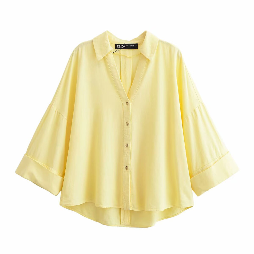 Women's relaxed oversized shirt blouse with wide collar and three-quarter sleeves Mune Fashion
