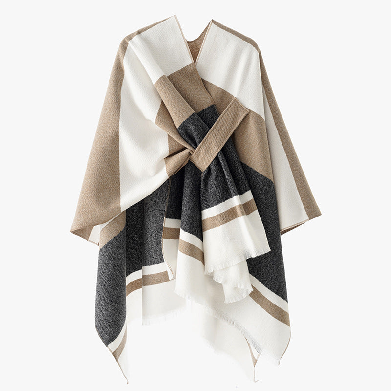 Women's lightweight wool blend wrap with fringes and tie belt Mune Fashion