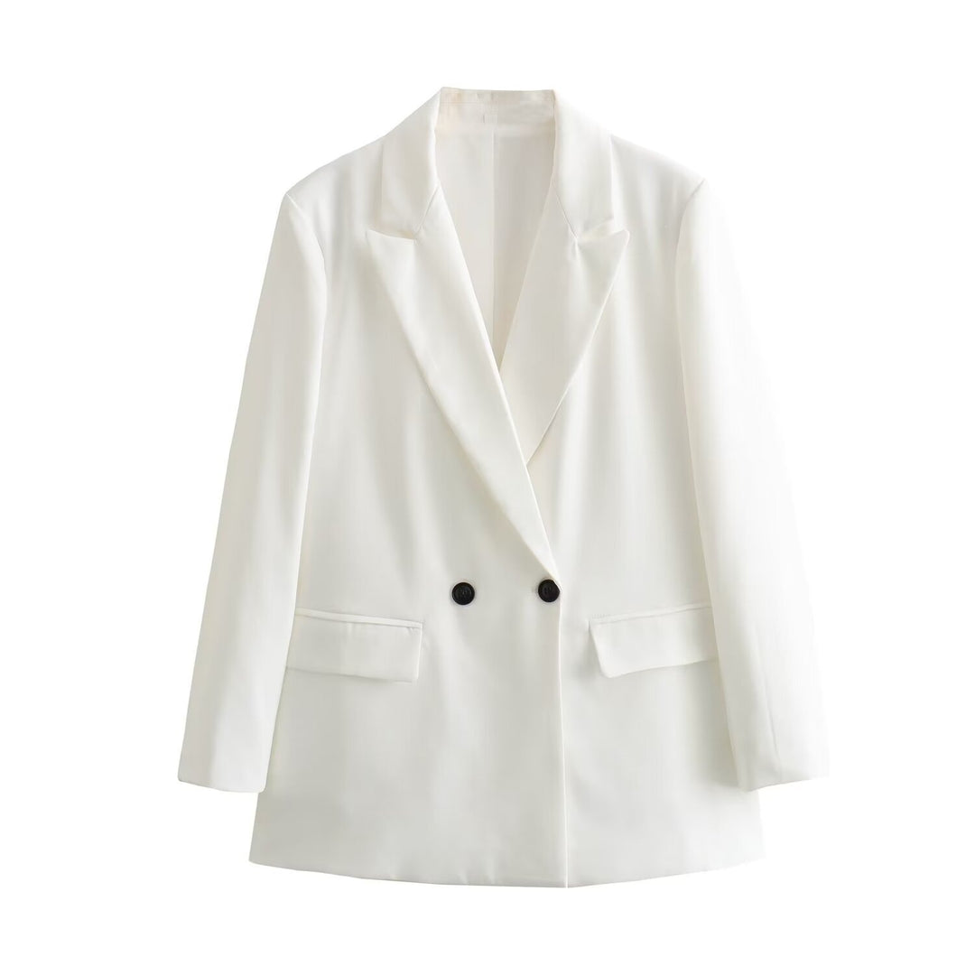 Ladies Double-Breasted Long Blazer with Wide Shawl Collar and Patch Pockets Mune Fashion