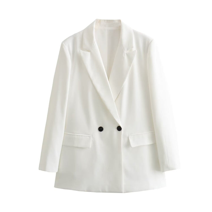 Ladies Double-Breasted Long Blazer with Wide Shawl Collar and Patch Pockets Mune Fashion
