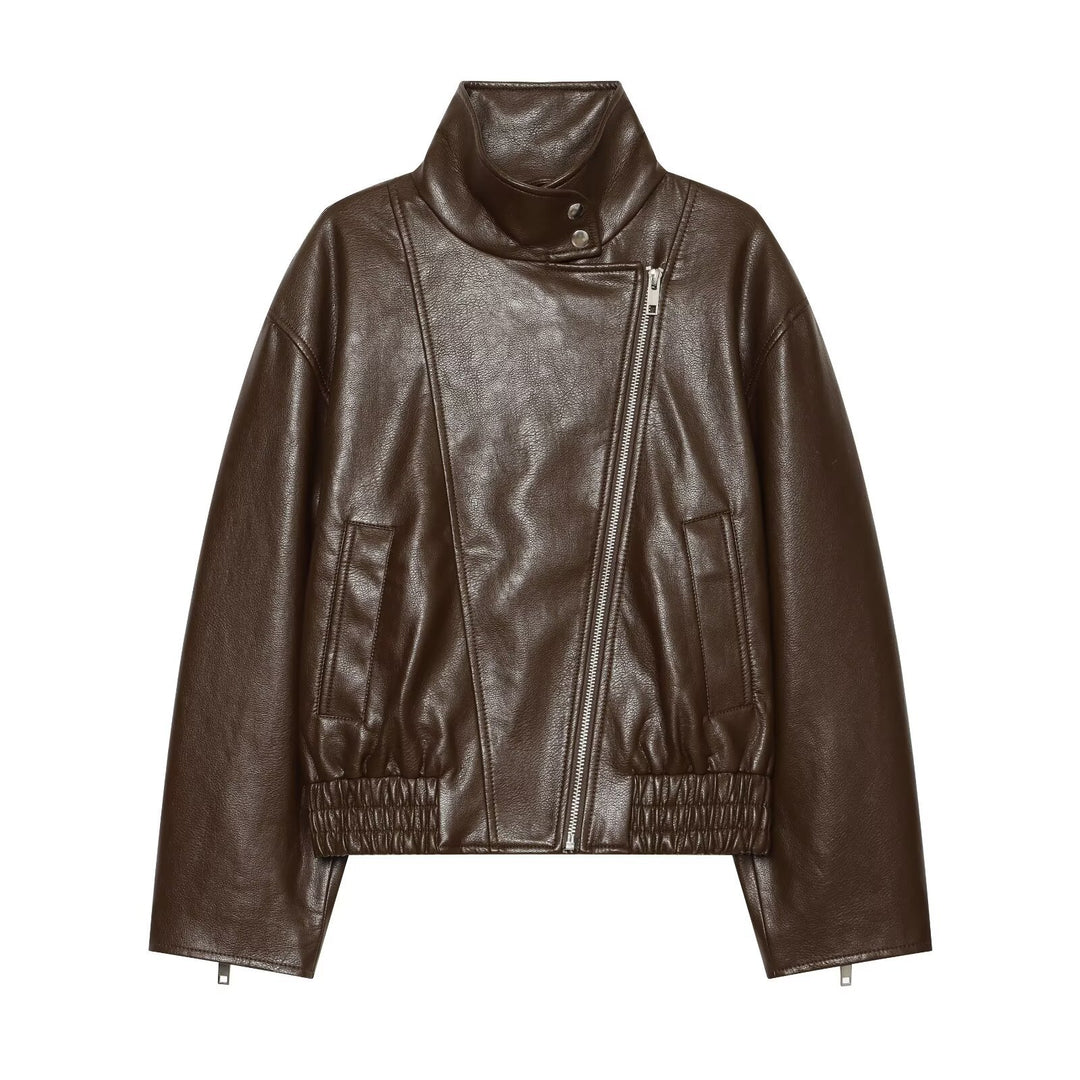 Women's Short Biker Blouson in Leather Look with High Funnel Collar Mune Fashion