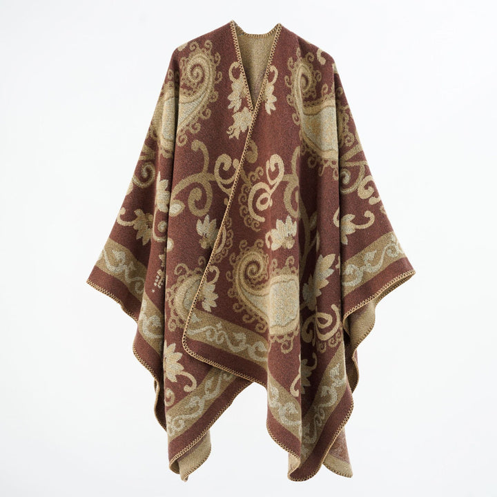 Women's jacquard wool blend poncho with paisley jacquard and open kimono fall Mune Fashion