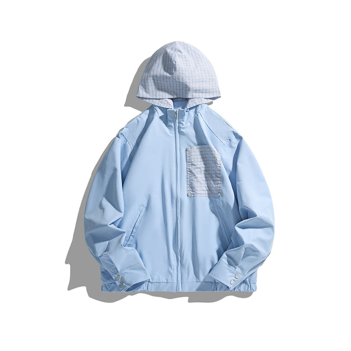 Unisex Light Hooded Transition Jacket with Check Patch Chest Pocket and Elastic Hem Mune Fashion