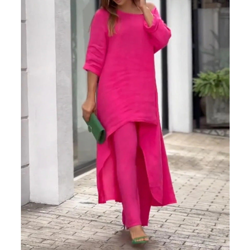 Women Lightweight Linen Two-Piece with Asymmetrical High-Low Tunic and Wide Palazzo Pants Mune Fashion