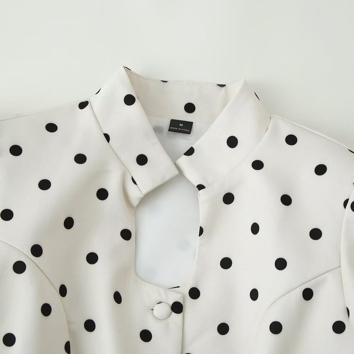 Women's Polka Dot Blouse with Stand Collar, Puff Sleeves, and Peplum Hem Mune Fashion