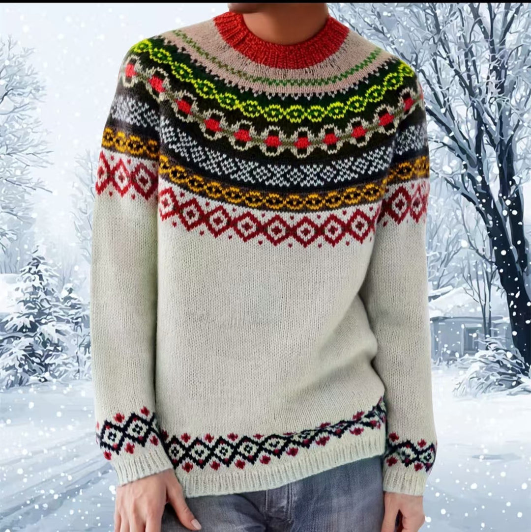Women's gray marled round neck sweater with circular jacquard yoke and ribbed hem Mune Fashion