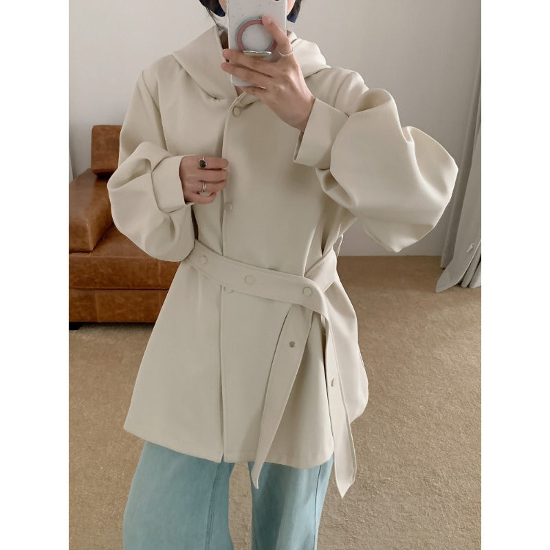 Women's Oversize Midi Coat with Hood, Concealed Button Placket and Voluminous Sleeves Mune Fashion