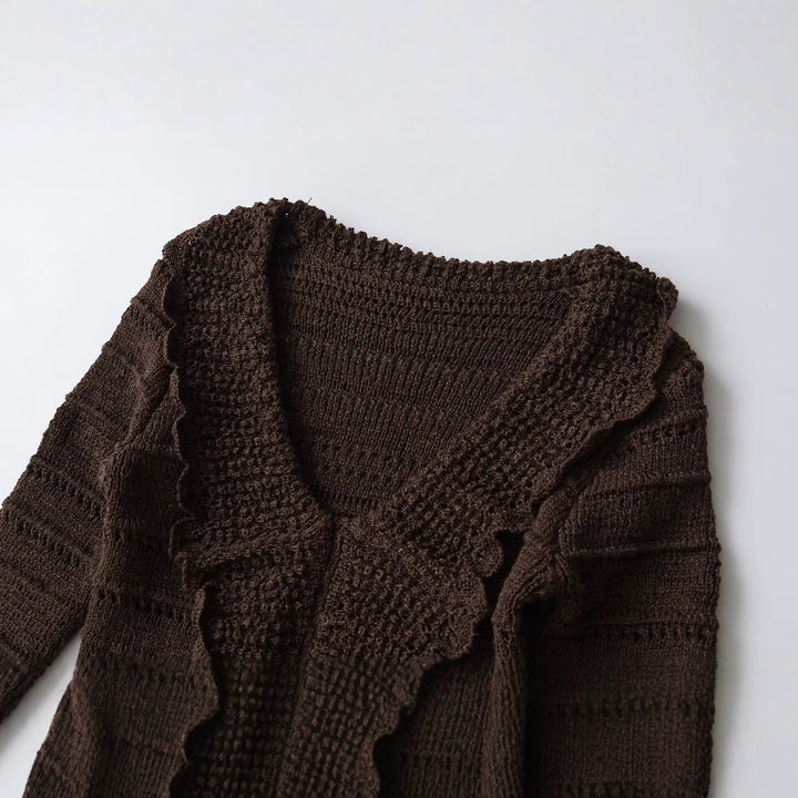 Women Long Open Crochet Knit Coat with V-Neck and Wavy Edge Mune Fashion