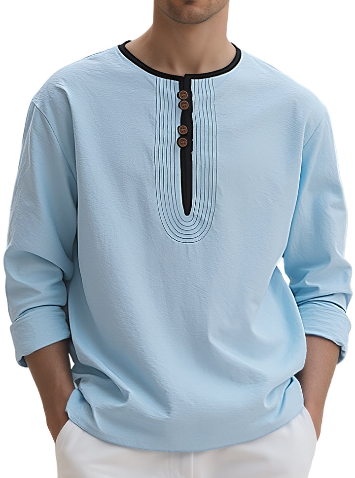 Men's loosely cut long sleeve kurta top with decorative pleats and wooden button placket Mune Fashion
