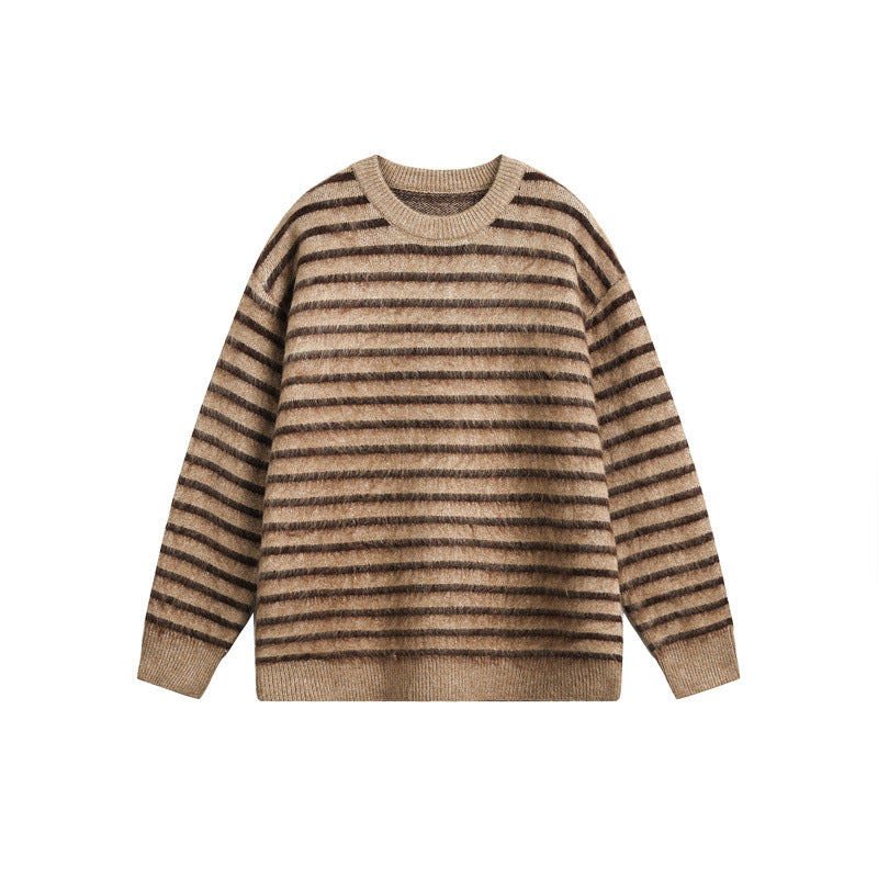 Unisex Oversize Striped Fluffy Sweater with Round Neck