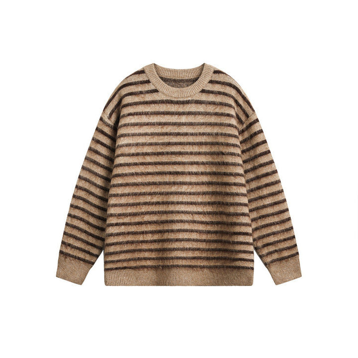 Unisex Oversize Striped Fluffy Sweater with Round Neck