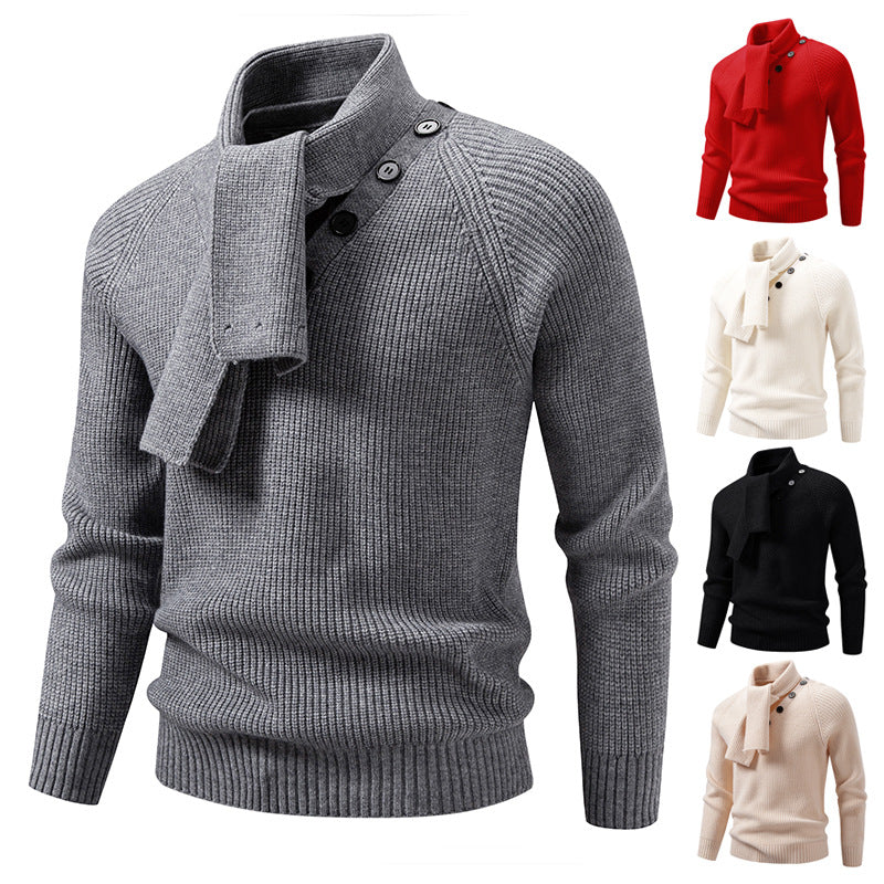 Men's knitted sweater with integrated funnel collar scarf and button detail Mune Fashion