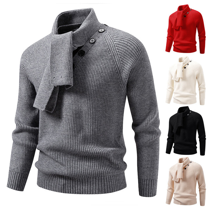 Men's knitted sweater with integrated funnel collar scarf and button detail Mune Fashion