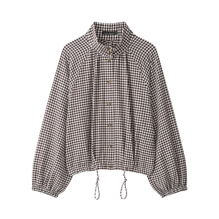 Ladies Checked Blouse with Stand Collar, Raglan Sleeves and Drawstring Hem Mune Fashion