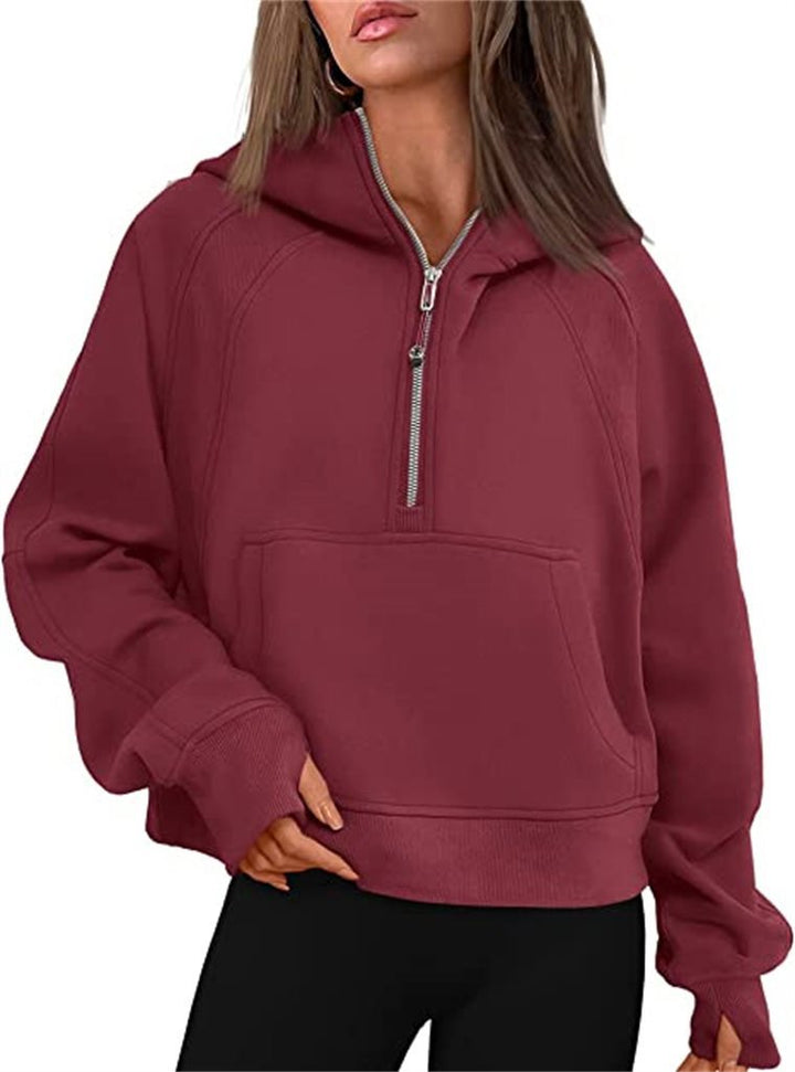 Women's short cut hoodie with half zipper and kangaroo pocket Mune Fashion