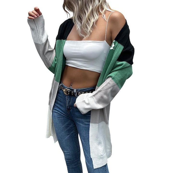 Women's Longline Knit Cardigan with Color Block Pattern, Open Front and Casual Oversized Fit Mune Fashion