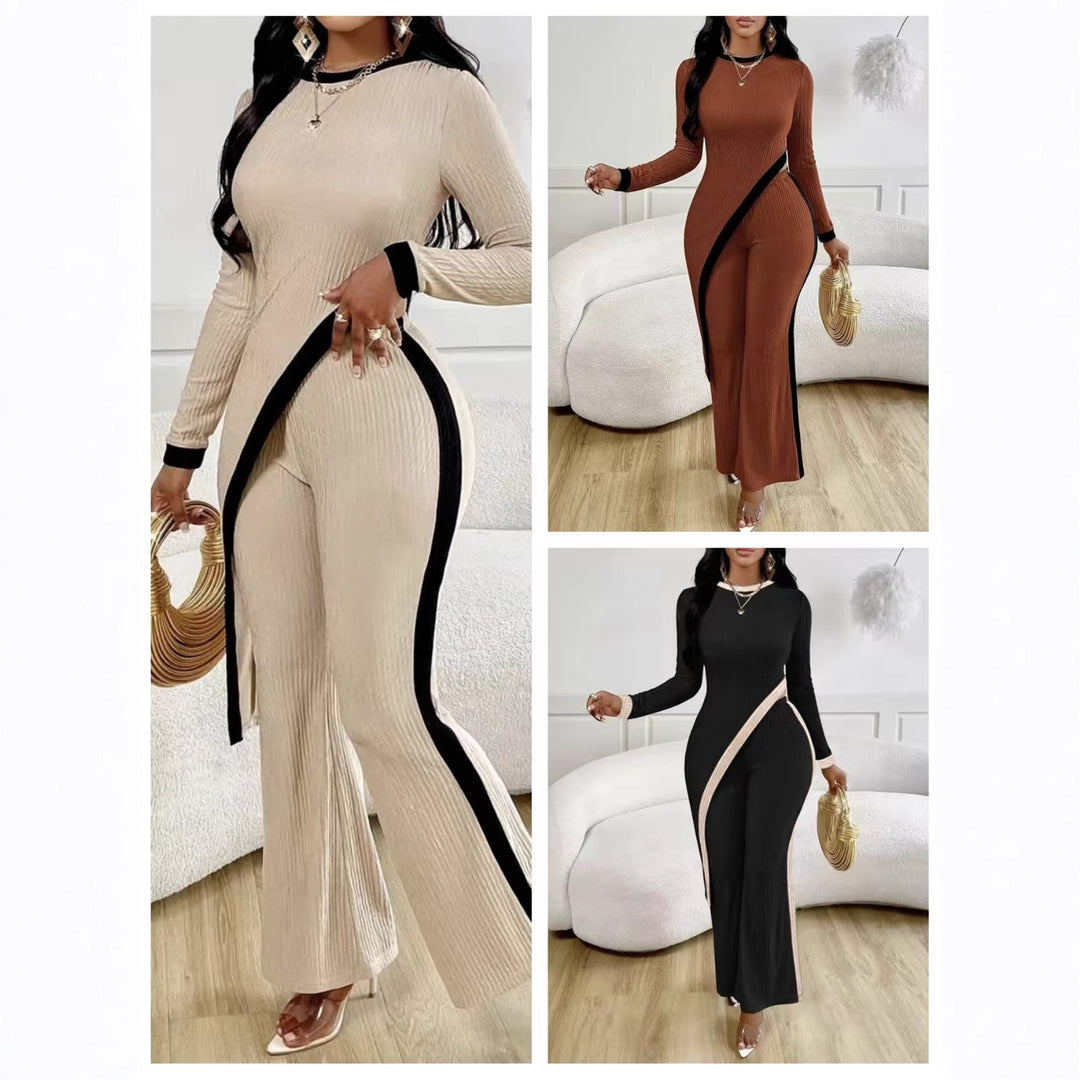Women's elegant ribbed jumpsuit with asymmetrical wrap look, fitted cut-out, and contrasting side stripes Mune Fashion