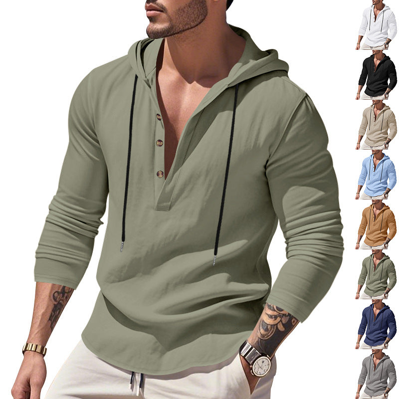 Men's casual linen shirt with hood and Henley button placket Mune Fashion