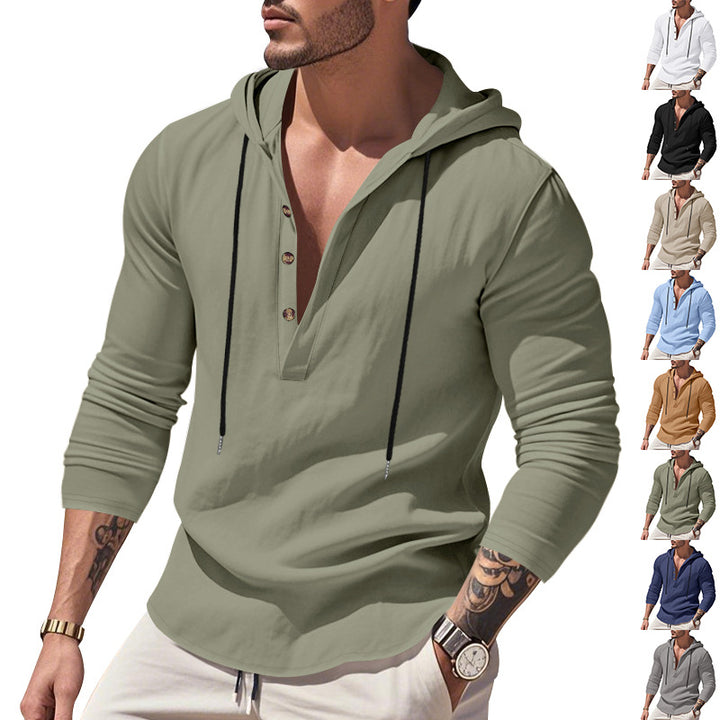 Men's casual linen shirt with hood and Henley button placket Mune Fashion