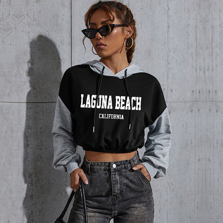 Women's Cropped Hoodie with Contrast Sleeves, Elastic Hem and Melting Smiley Print