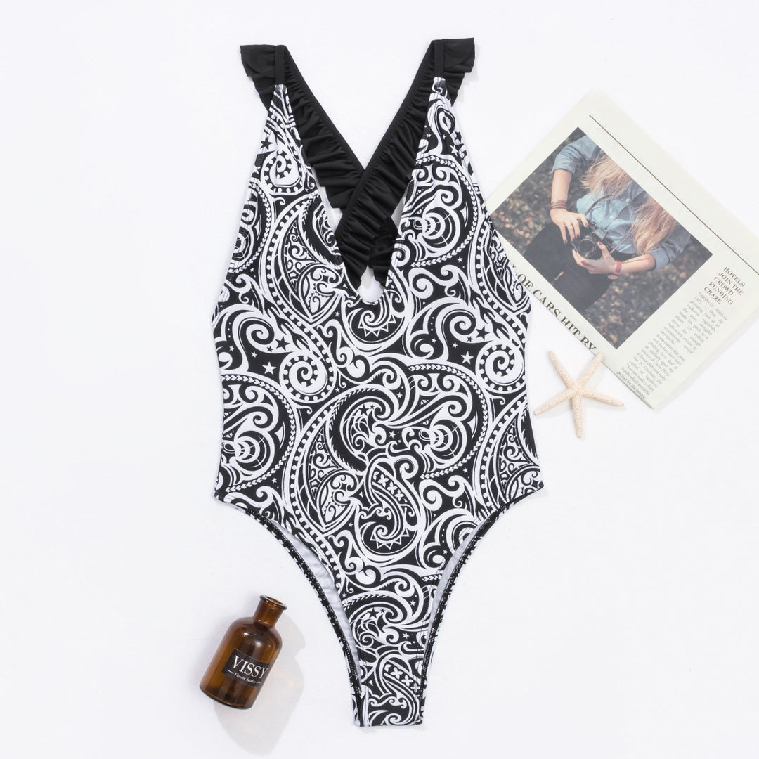 Women’s Fashionable One-Piece Swimsuit with Deep Neckline and Floral Decorations Mune Fashion