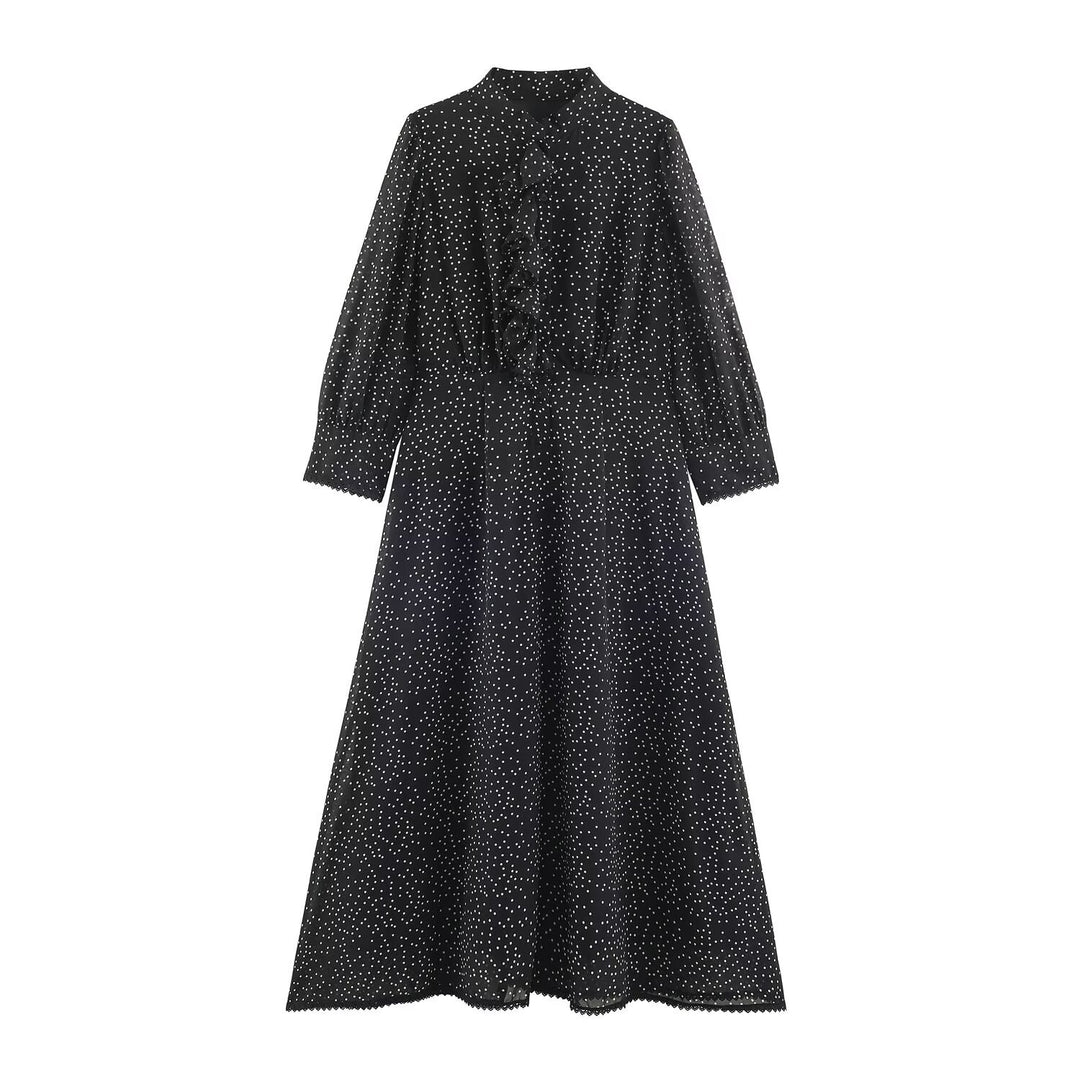 Women’s midi dress with ruffled front, stand-up collar and flared A-line skirt Mune Fashion