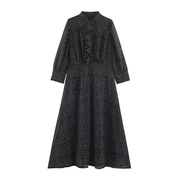 Women’s midi dress with ruffled front, stand-up collar and flared A-line skirt Mune Fashion