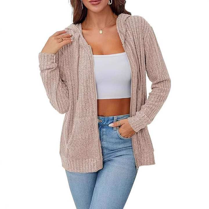 Women's knit hooded jacket with zipper, waffle texture and slip pockets Mune Fashion