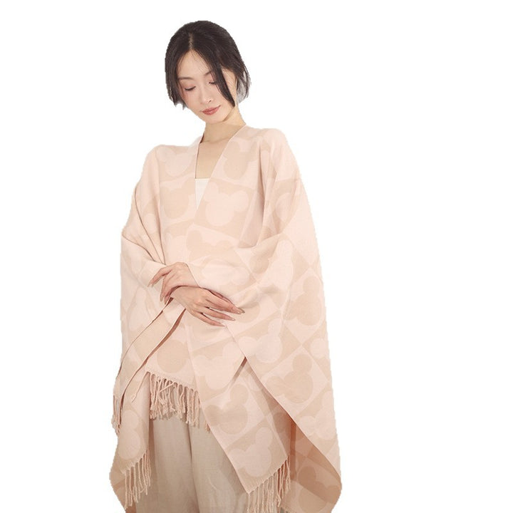 Women Oversize Poncho with Fringes and Figurative Jacquard Pattern made of Wool Blend Mune Fashion
