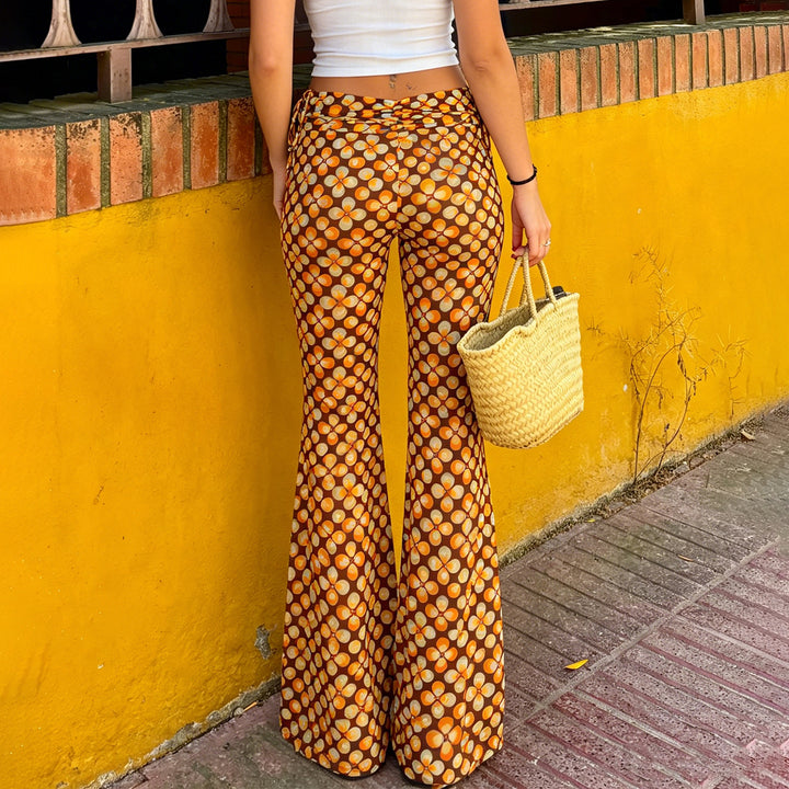 Women's flared high-waisted trousers with side drawstrings and retro floral print Mune Fashion