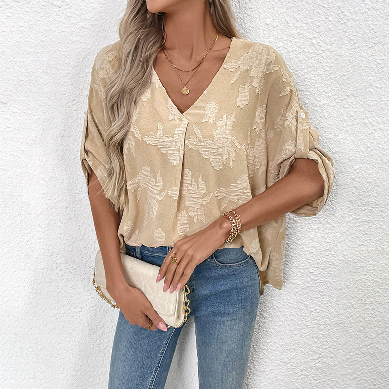 Women's lightweight oversized V-neck blouse with textured jacquard pattern and roll-up sleeves Mune Fashion