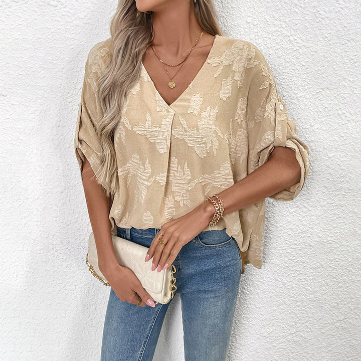 Women's lightweight oversized V-neck blouse with textured jacquard pattern and roll-up sleeves Mune Fashion