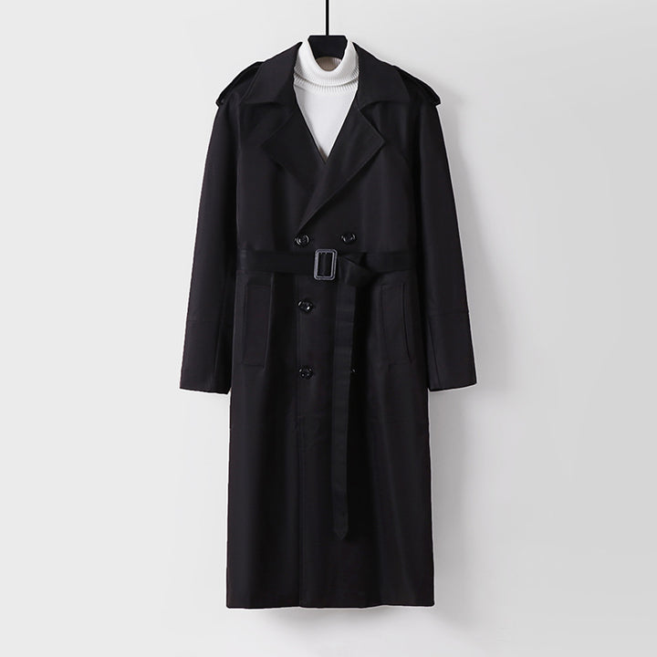 Men's Double-Breasted Trench Coat with Waist Belt and Shoulder Tabs Mune Fashion