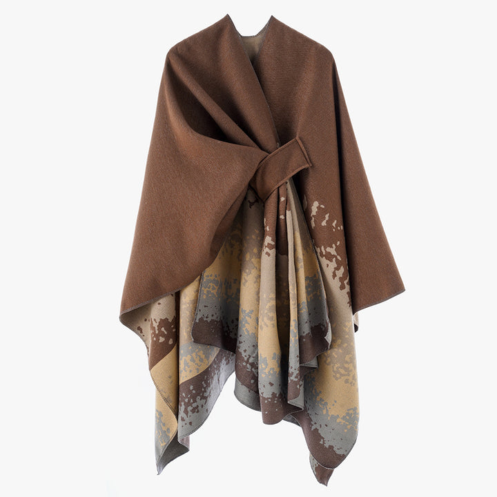 Women's cape poncho with integrated tie loop and two-layer jacquard fall Mune Fashion
